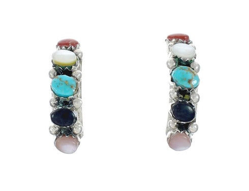 Genuine Multicolor Sterling Silver Post Hoop Zuni Earrings X10039